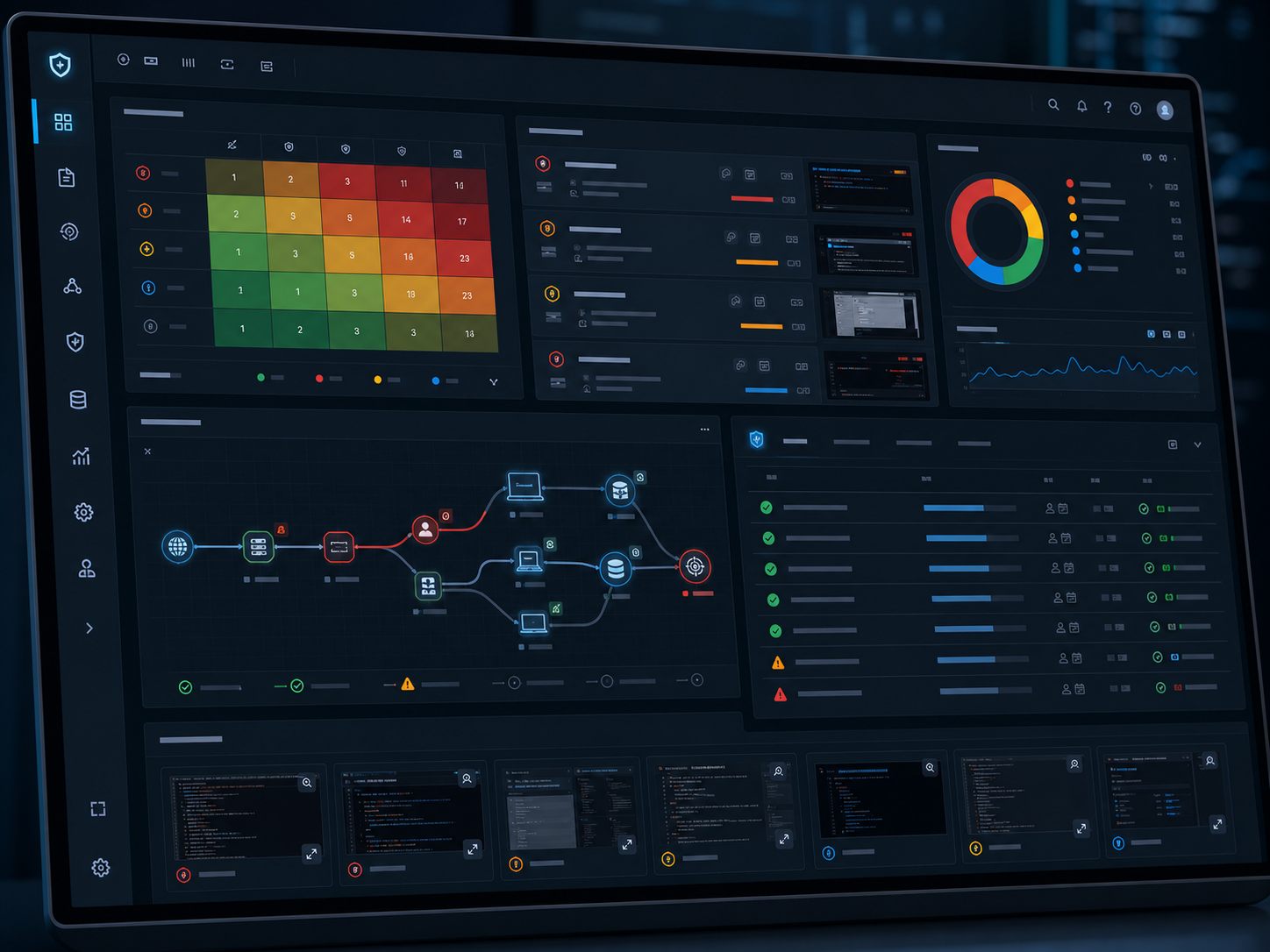 Interface visual de relatório de pentest com matriz de severidade, evidências e plano de correção